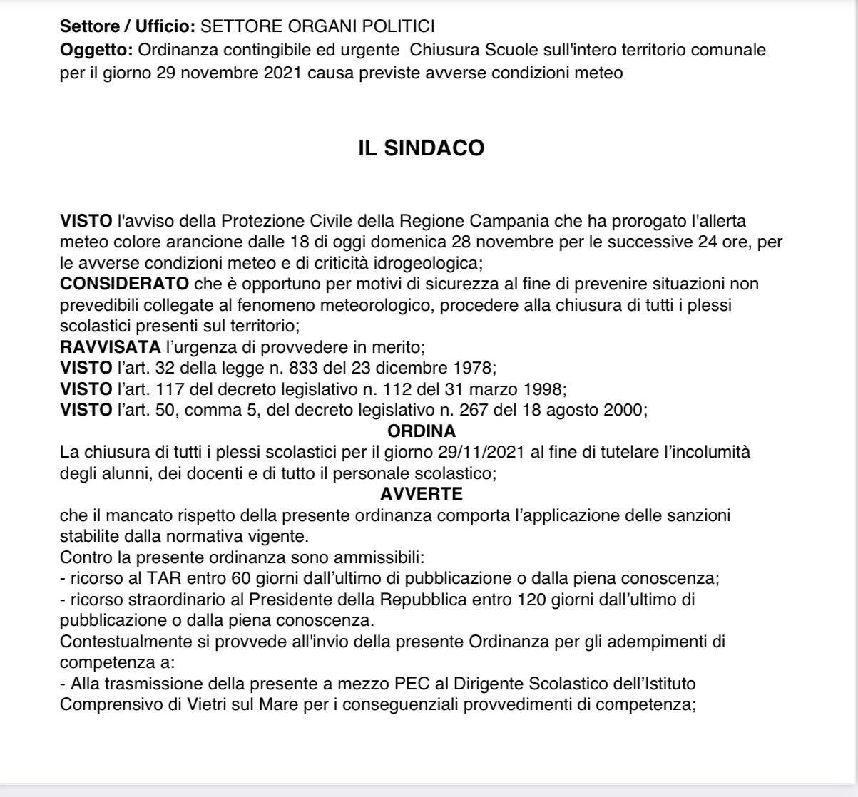 Vietri sul Mare: allerta meteo, chiusura Scuole di ogni ordine e grado Lunedì 29 Novembre 2021