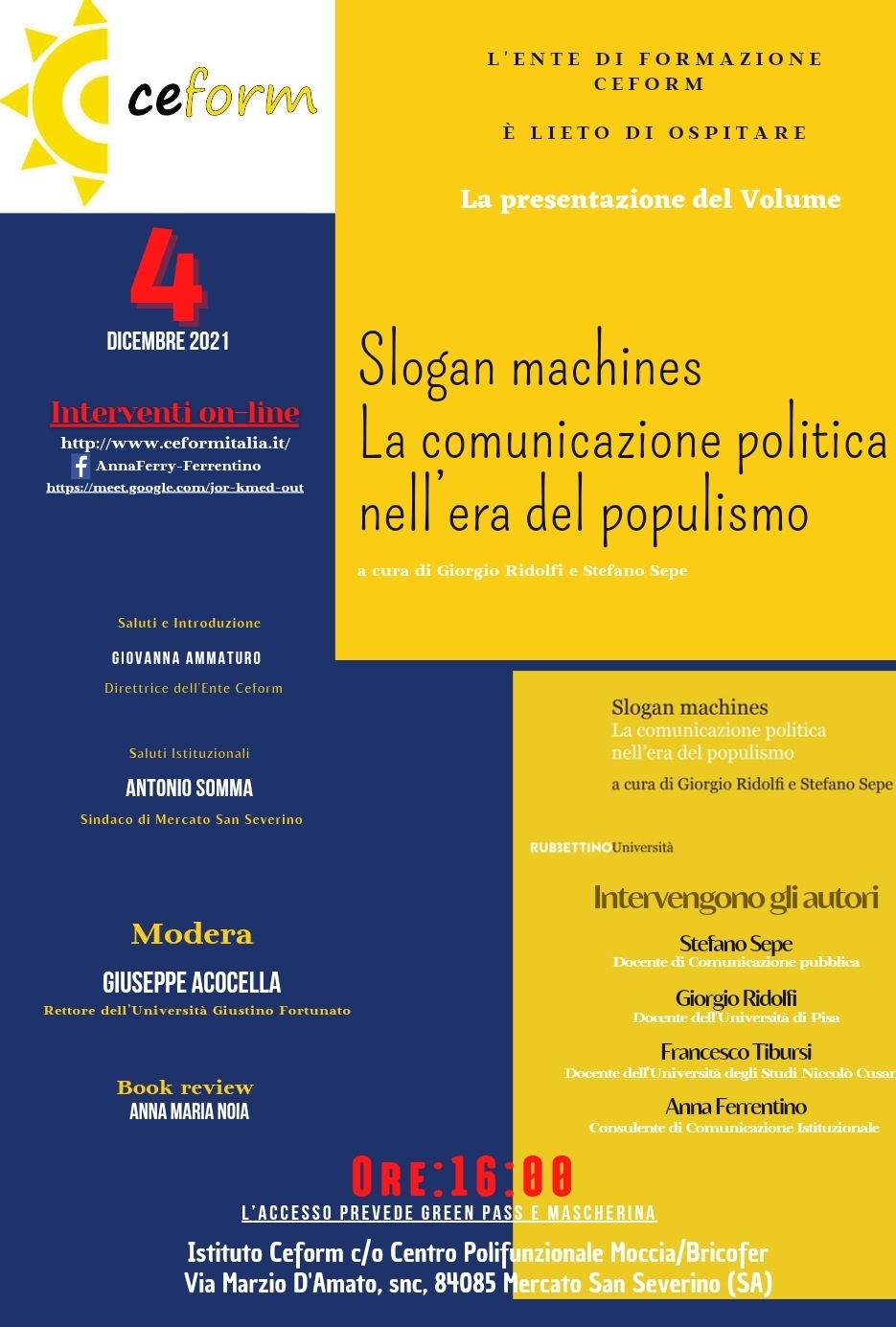 Mercato San Severino: al CEFORM presentazione libro “Slogan machines La comunicazione politica nell’era del populismo”