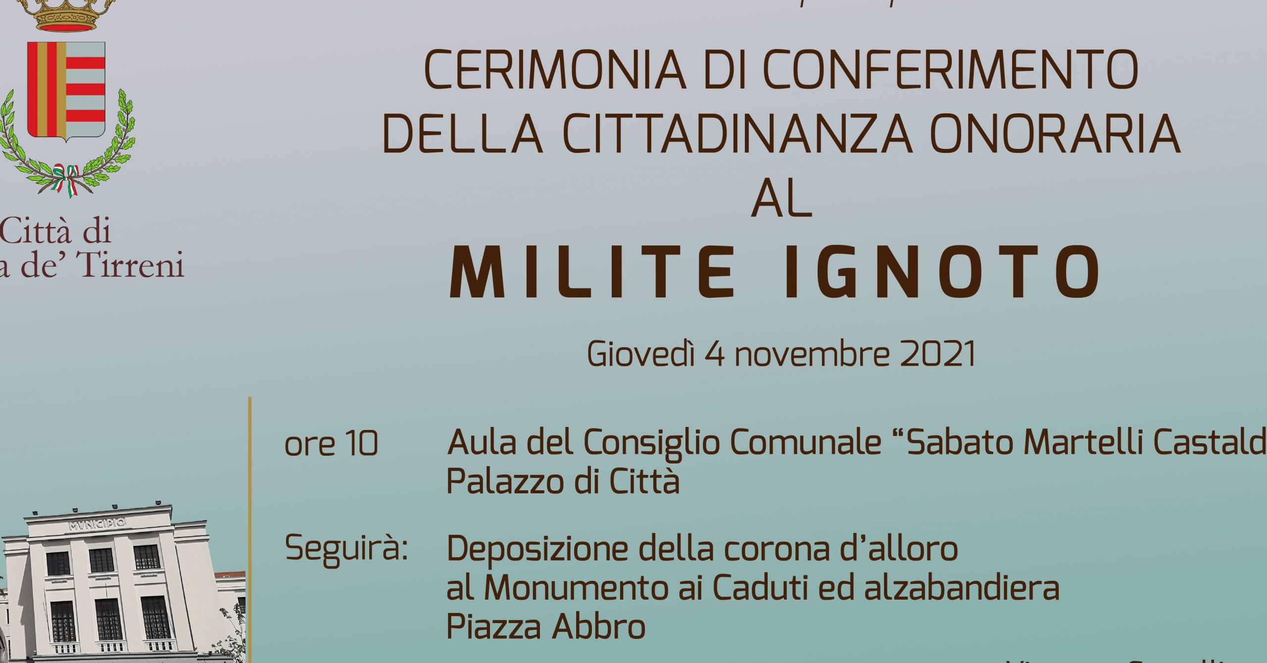 Cava de’ Tirreni: cittadinanza onoraria a Milite Ignoto
