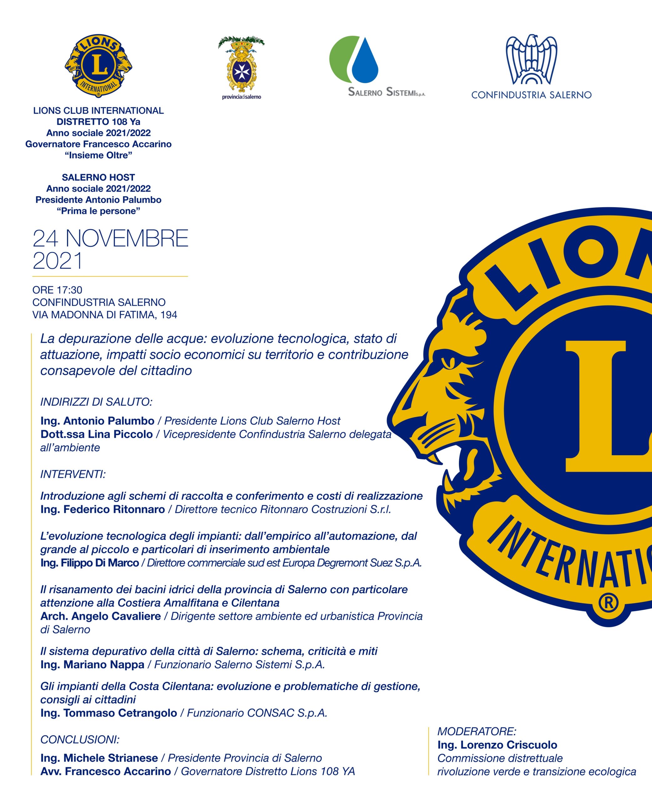 Salerno: Lions Host, convegno a Confindustria su depurazione acque