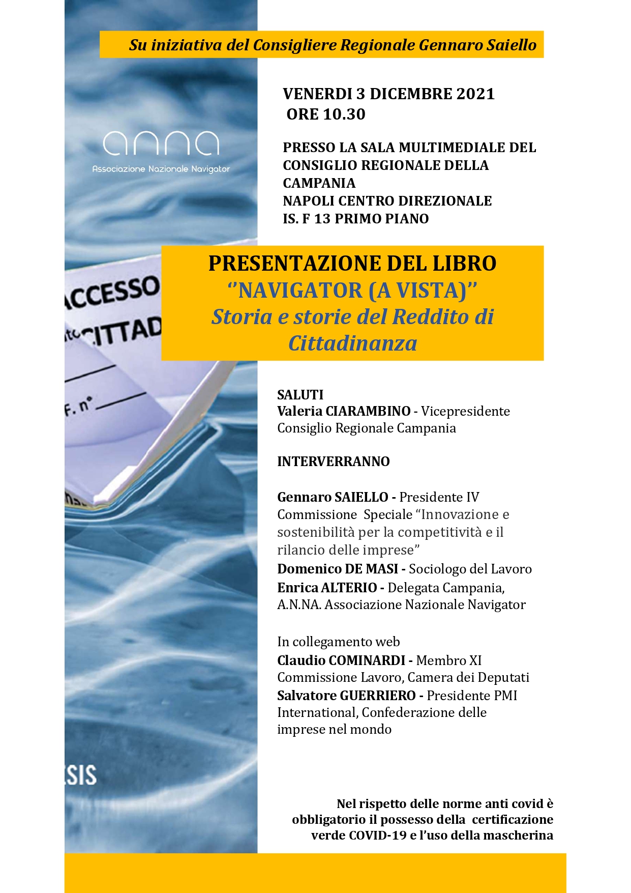 Regione Campania: presentazione libro “Navigator (a vista) Storia e storie del Reddito di Cittadinanza”, conferenza stampa