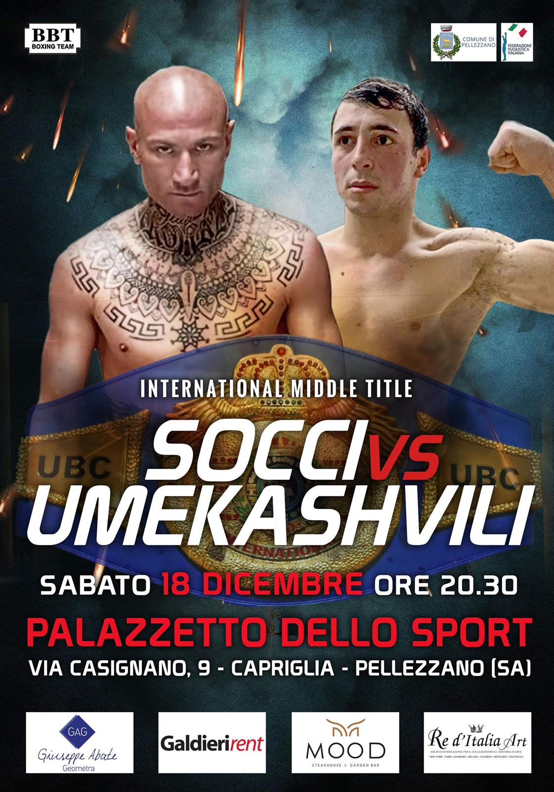 Pellezzano: incontro di boxe Dario Socci – Umekashvili per titolo Mediterrano Ibo – pesi medi 