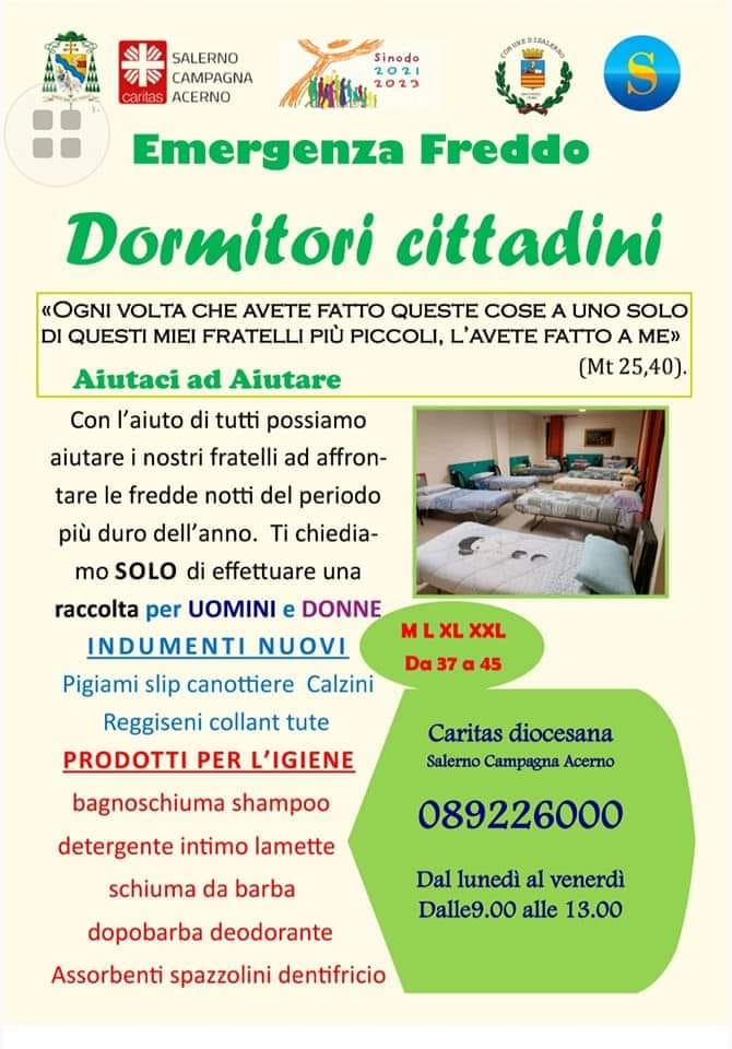 Salerno: Caritas, raccolta generi di prima necessità per clochard a dormitori