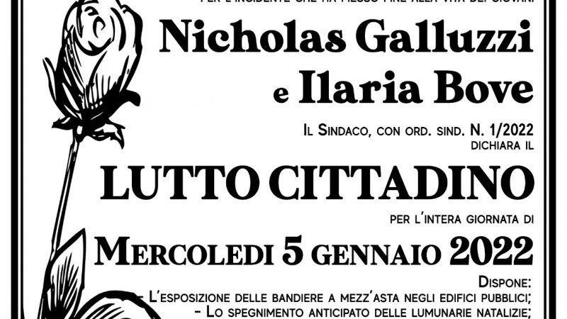 Pellezzano: lutto cittadino per tragica scomparsa di Nicholas Galluzzi e Ilaria Bove 