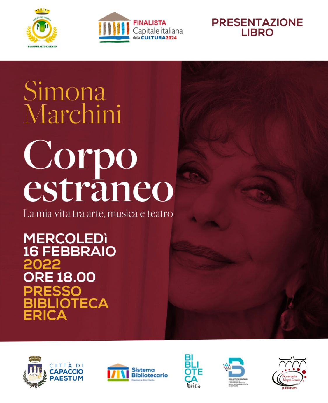 Capaccio Paestum: attrice Simona Marchini presenta suo libro “Corpo Estraneo. La mia vita tra arte, musica e teatro”