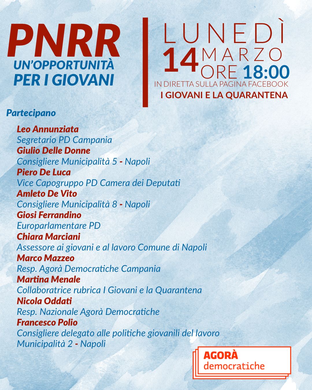 Campania: Agorà democratica “Pnrr, un’opportunità per i giovani”, diretta Facebook