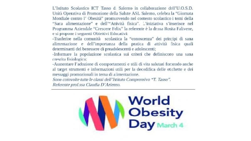 Salerno: IC “T.Tasso”, 4 Marzo giornata mondiale contro obesità, Progetto con Asl “Crescere Felix”