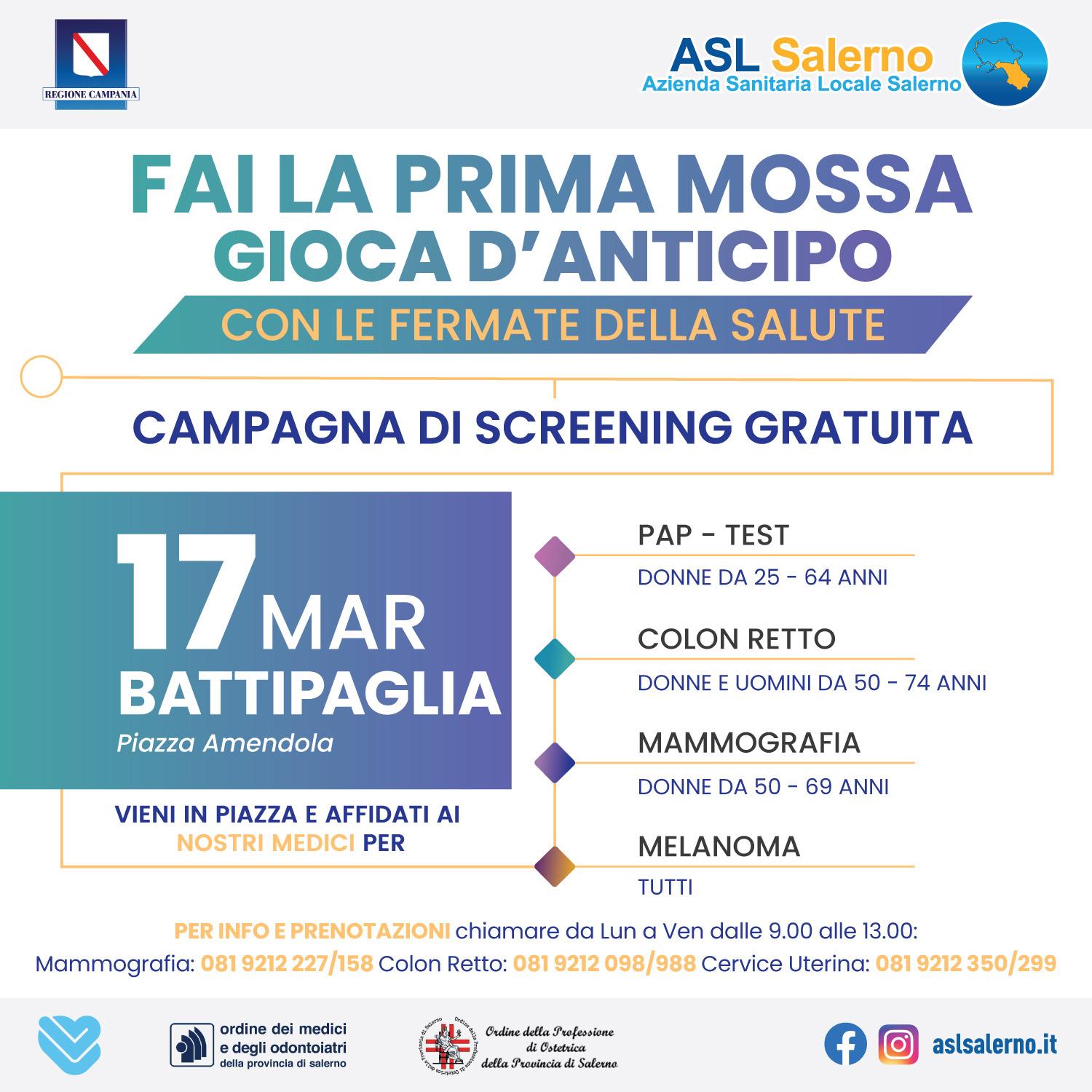 Battipaglia: Asl, screening gratuito in Piazza Amendola