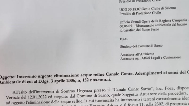 Sarno: Amministrazione comunale su intervento urgente per eliminazione acque reflue Canale Conte