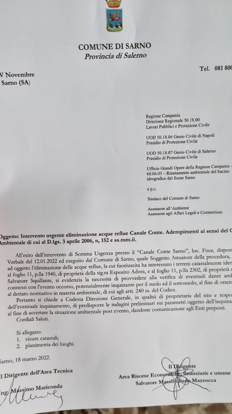 Sarno: Amministrazione comunale su intervento urgente per eliminazione acque reflue Canale Conte