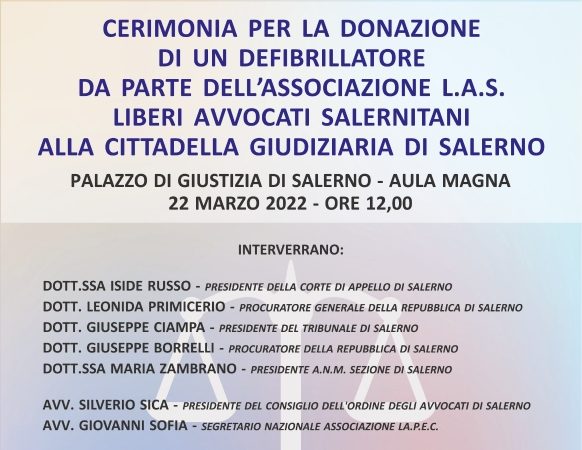 Salerno: L.A.S., donazione defibrillatore a Cittadella Giudiziaria