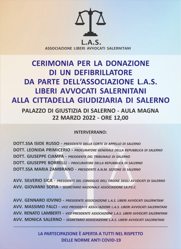 Salerno: L.A.S., donazione defibrillatore a Cittadella Giudiziaria