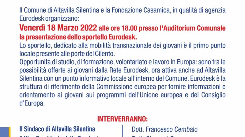 Altavilla Silentina: Comune- Fondazione Casamica, presentazione Sportello Eurodesk