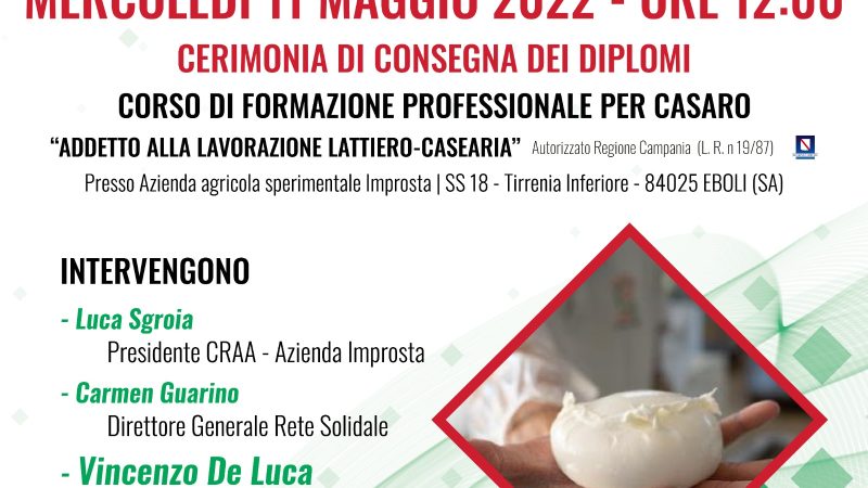 Salerno: consegna Diplomi Corso formazione professionale “Addetto a lavorazione lattiero-casearia”