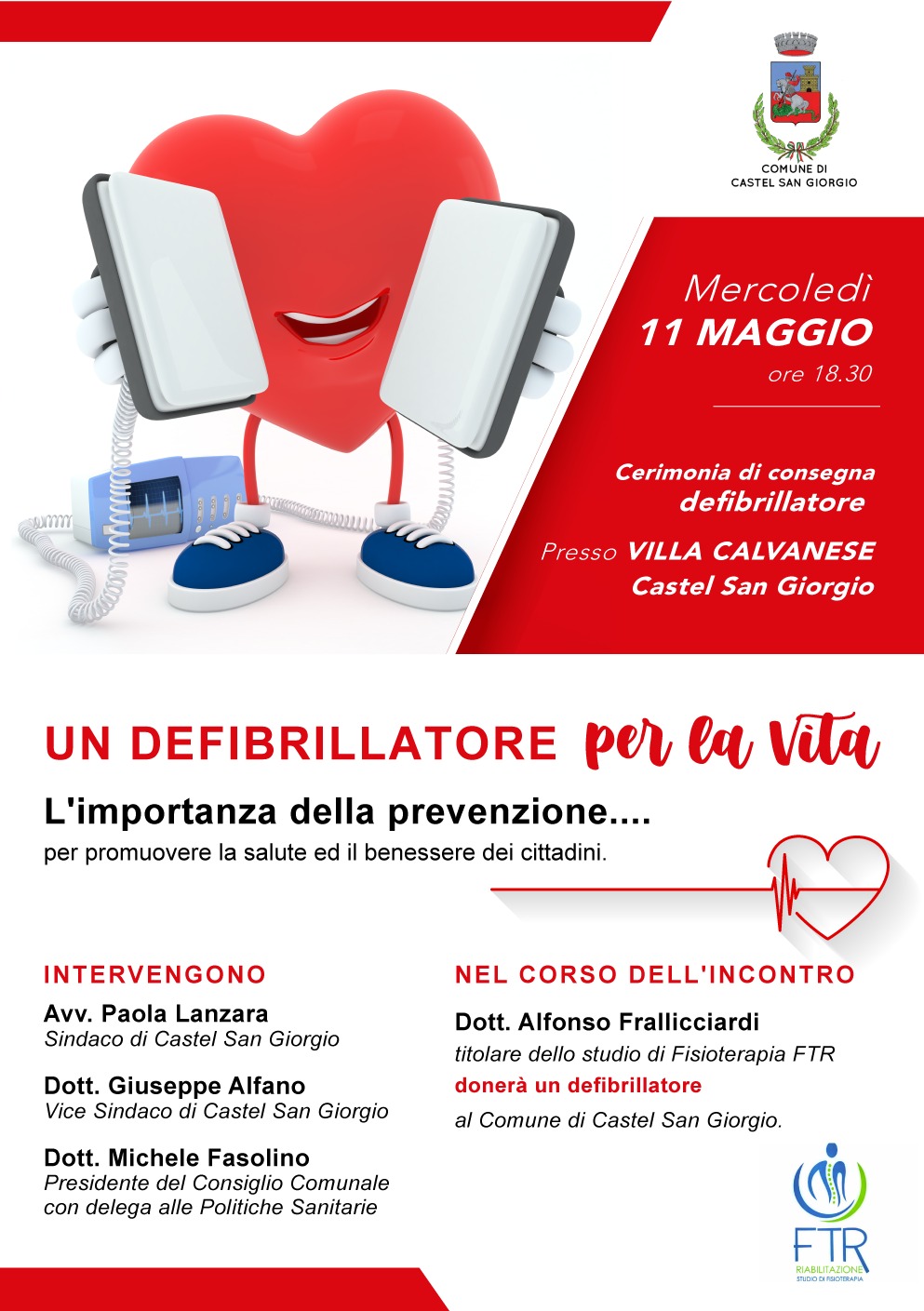 Castel San Giorgio: defibrillatore per la Vita, dono del Centro FTR a Comune