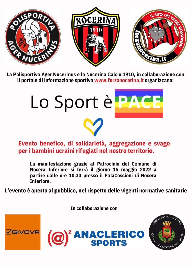 Nocera Inferiore: Lo Sport è PACE, manifestazione Domenica 15 maggio 2022