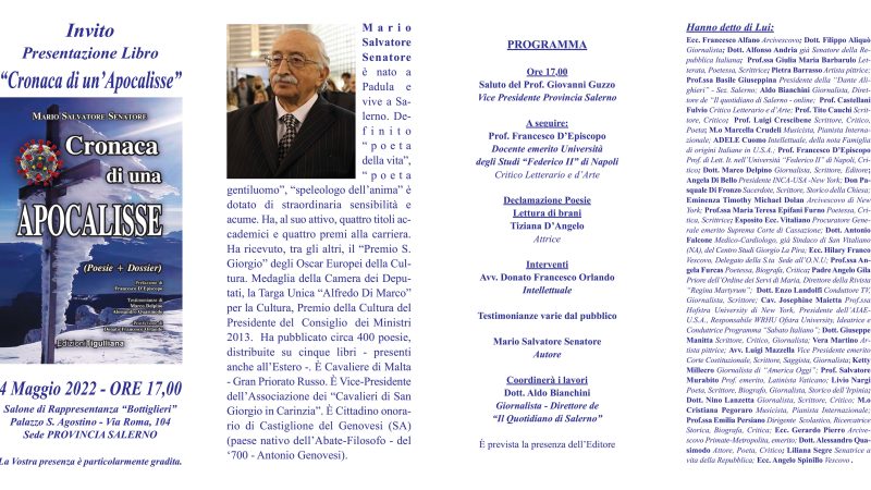 Salerno: “Cronaca di un’Apocalisse”, presentazione libro di Mario Senatore
