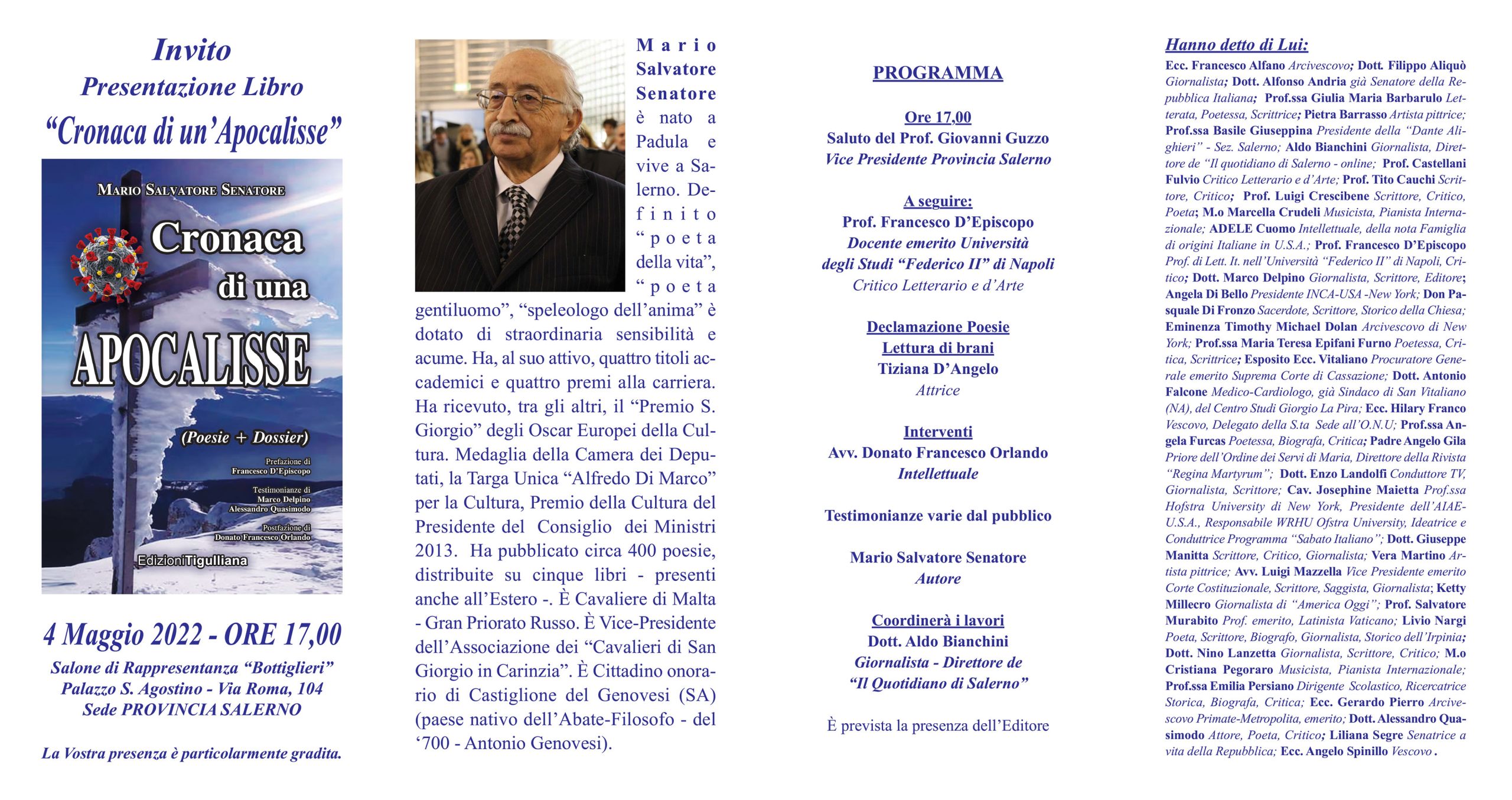 Salerno: “Cronaca di un’Apocalisse”, presentazione libro di Mario Senatore