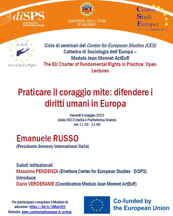 Salerno: Ateneo, seminari The EU Charter of Fundamental Rights in Practice, incontro con Presidente d’Amnesty, Emanuele Russo
