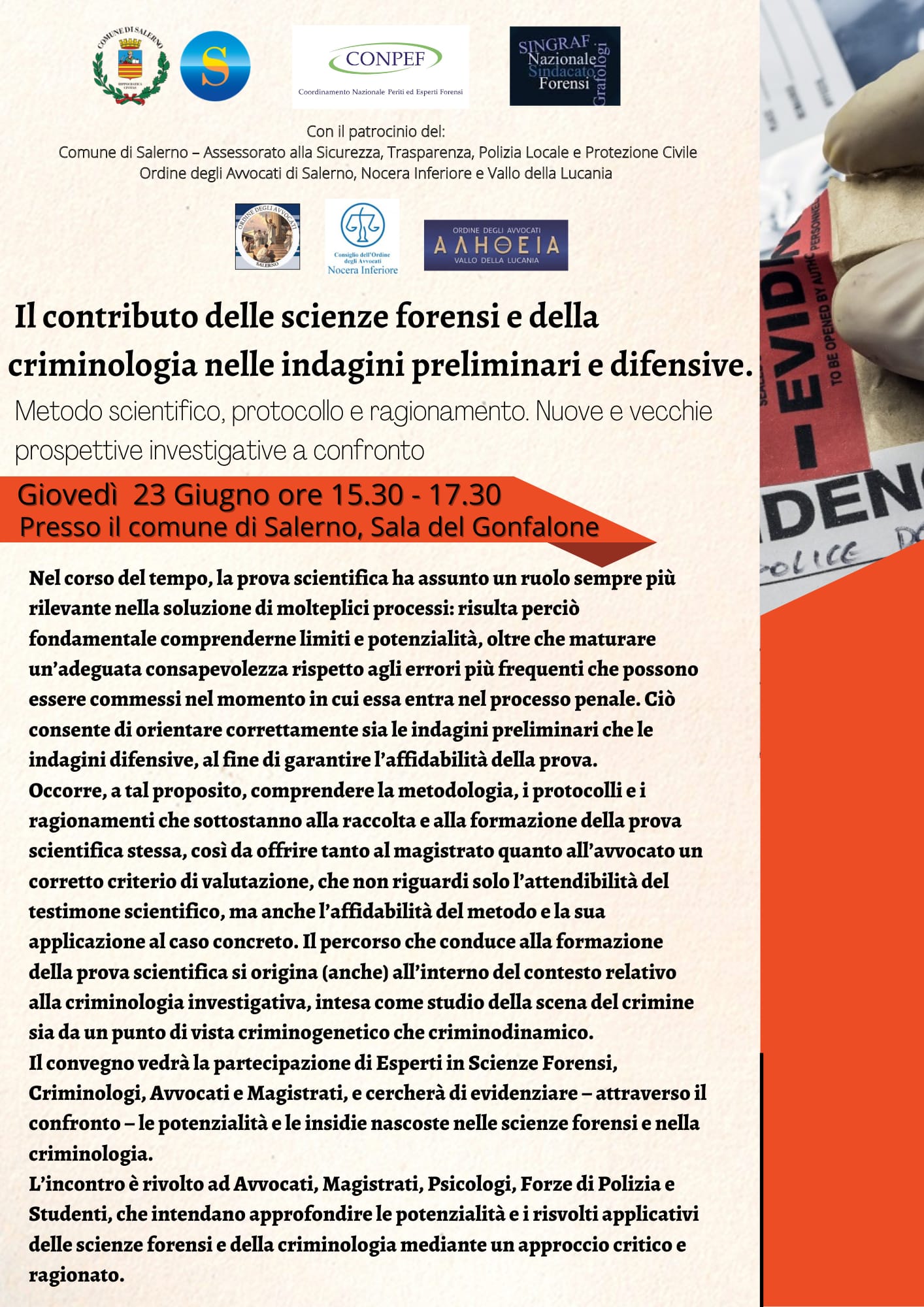Salerno: convegno su contributo scienze forensi e criminologia in indagini preliminari e difensive