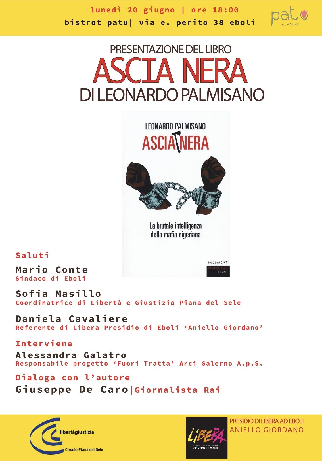 Eboli: Libera, presentazione libro “Ascia Nera. La brutale intelligenza della mafia nigeriana” di Leonardo Palmisano