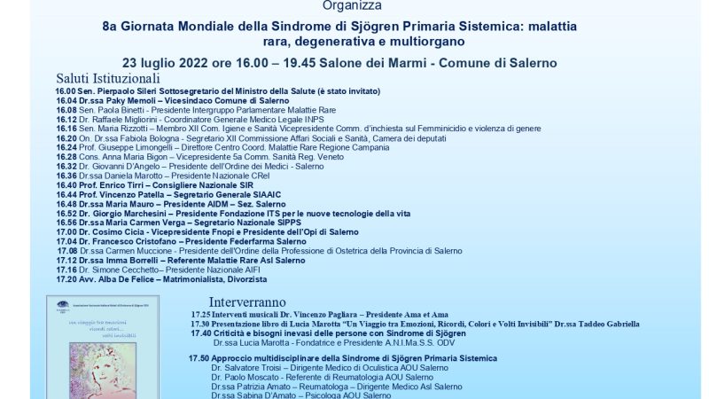 Salerno: A.N.I.Ma.S.S. ODV, 8^ Giornata Mondiale Sindrome di Sjögren, convention a Palazzo di Città