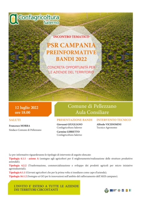Pellezzano: Psr Campania, pre-informative bandi 2022, incontro nell’aula consiliare 