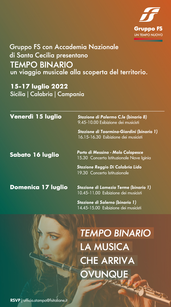 Salerno: FS – Accademia Nazionale Santa Cecilia “Tempo Binario”, viaggio in musica da Palermo a bordo dei treni storici  