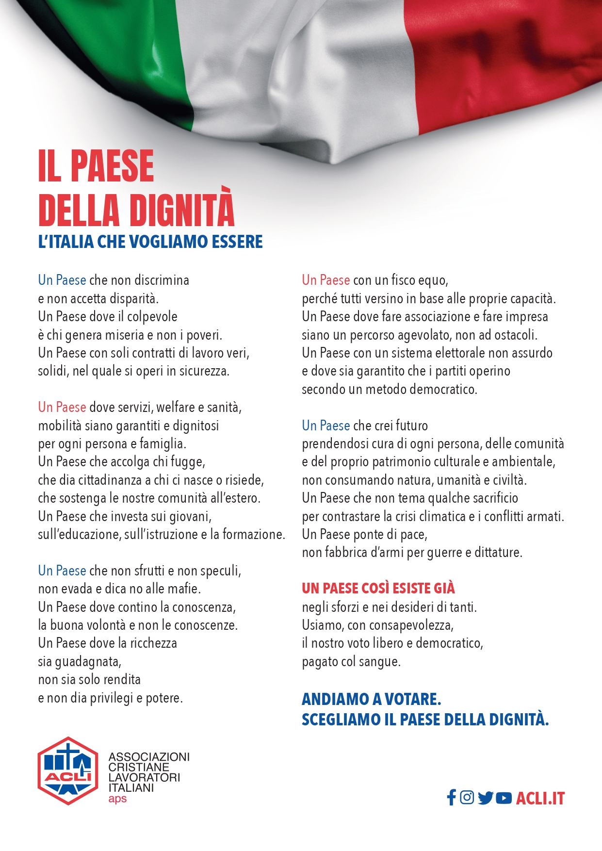 Salerno: manifesto ACLI per campagna elettorale “Il Paese della Dignità – l’Italia che vogliamo essere