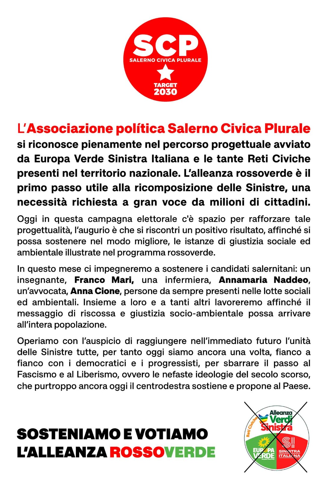 Salerno: elezioni Politiche, Associazione Civica Plurale a sostegno alleanza rossoverde