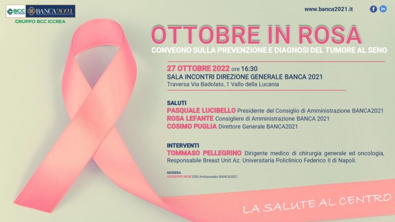 Vallo della Lucania: Banca 2021 “Ottobre in Rosa”, incontro con Dott. Tommaso Pellegrino su diagnosi precoce tumore al seno