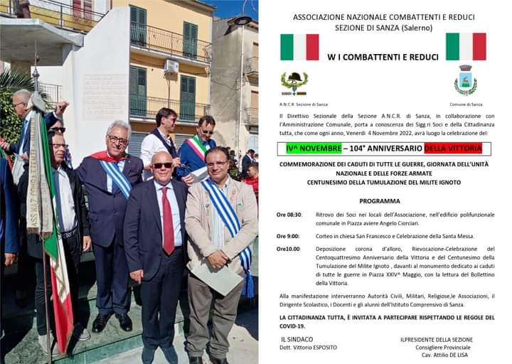 Sanza: 4 Novembre 2022, commemorazione Caduti in Guerra, Giornata Nazionale Unità d’Italia e Forze Armate
