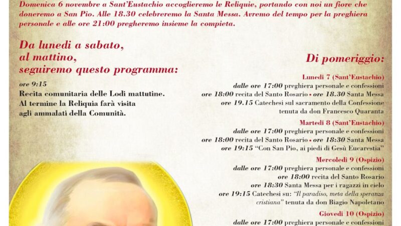 Mercato San Severino: Parrocchia Sant’Eustachio, settimana di preghiera con reliquie di San Pio
