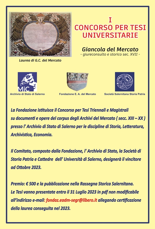 Salerno: Fondazione E. A. del Mercato -Archivio di Stato- Società Salernitana Storia patria, Concorso per Tesi di laurea