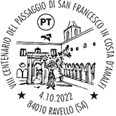 Ravello: VIII centenario del Passaggio di San Francesco in Costa D’Amalfi, annullo filatelico