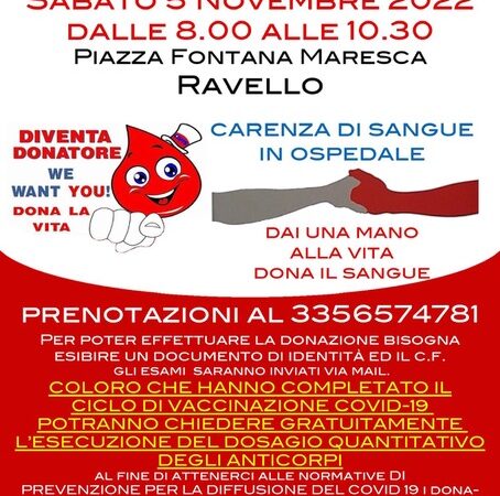 Ravello: giornata per donazione sangue 