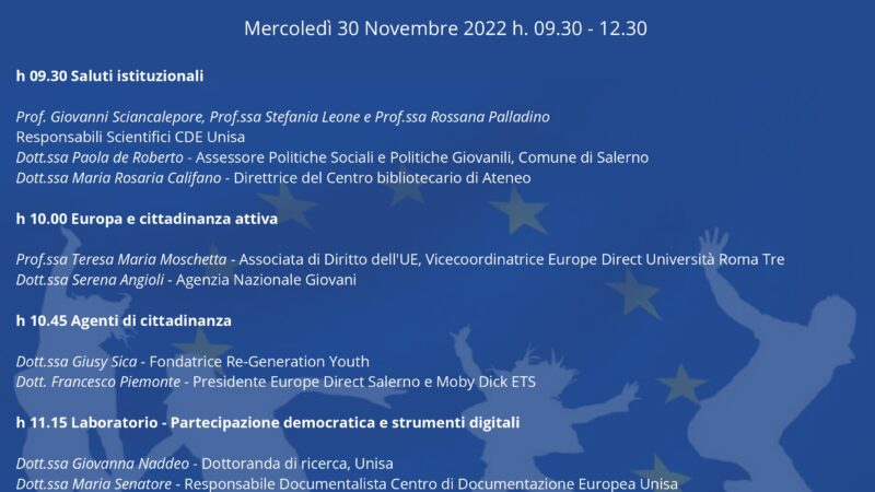 Salerno: Osservatorio Giovani OCPG, Anno Europeo Giovani, Ateneo, dibattito “Giovani, Cittadinanza europea e Partecipazione”