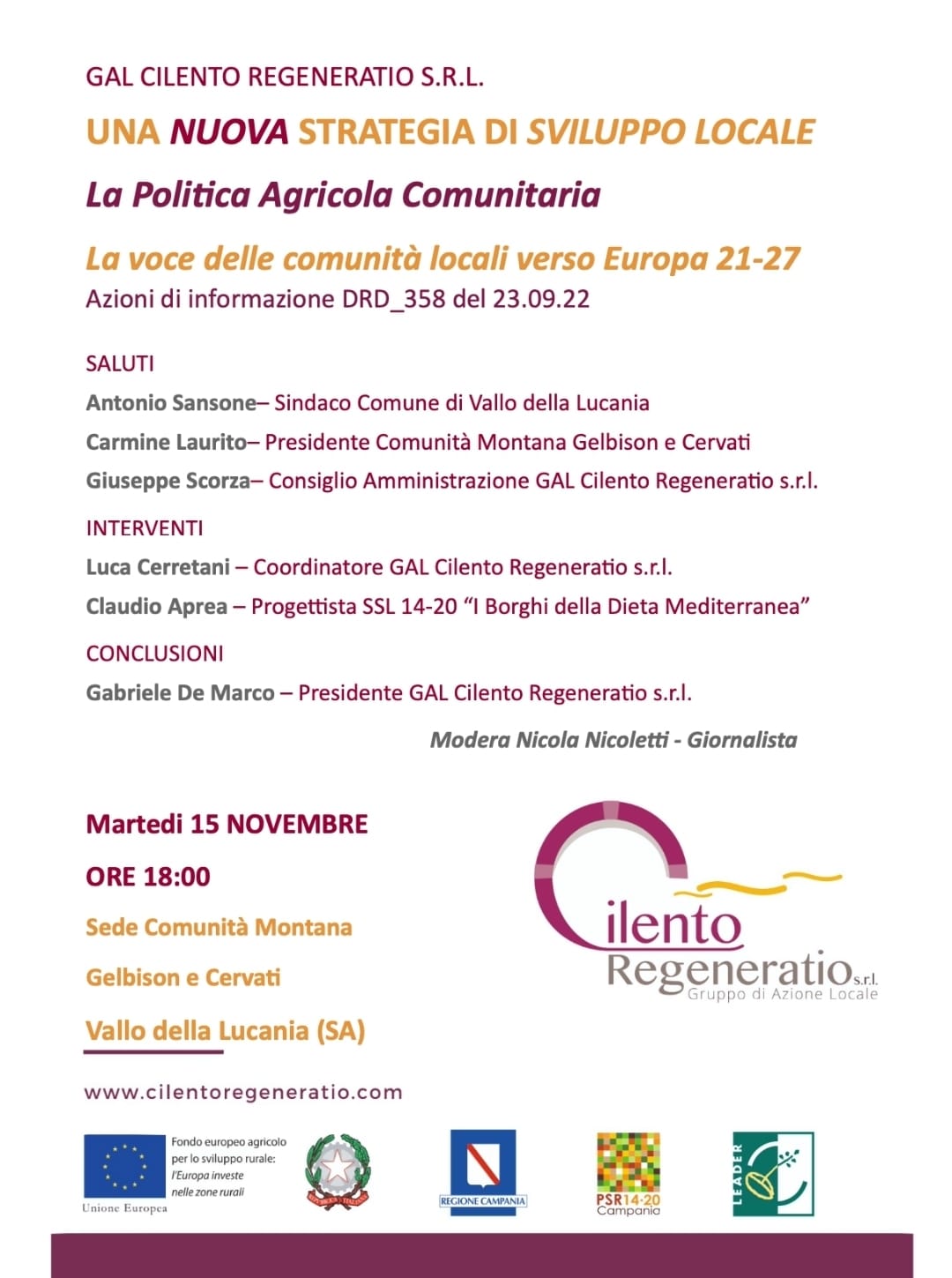 Vallo della Lucania: GAL Cilento Regeneratio, Politica agricola comunitaria, ciclo d’ incontri  