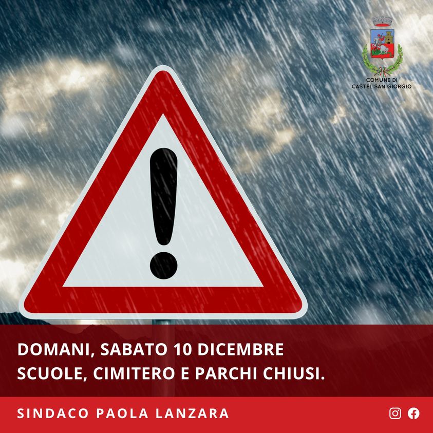 Castel San Giorgio: domani chiusura Scuole, Cimitero e Parchi per allerta meteo, ordinanza