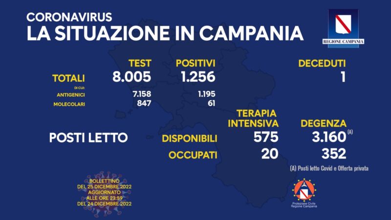 Regione Campania: Coronavirus, Unità di Crisi, Bollettino, 1.256 casi positivi, 1 decesso