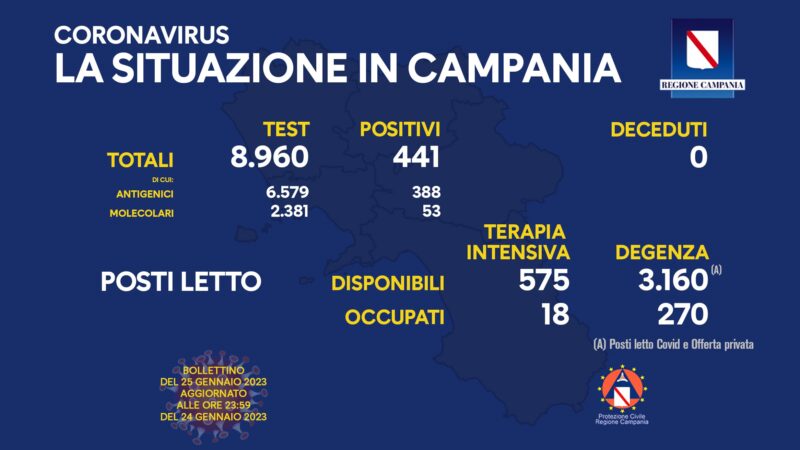 Regione Campania: Coronavirus, Unità di Crisi, Bollettino, 441 casi positivi, 0 decessi