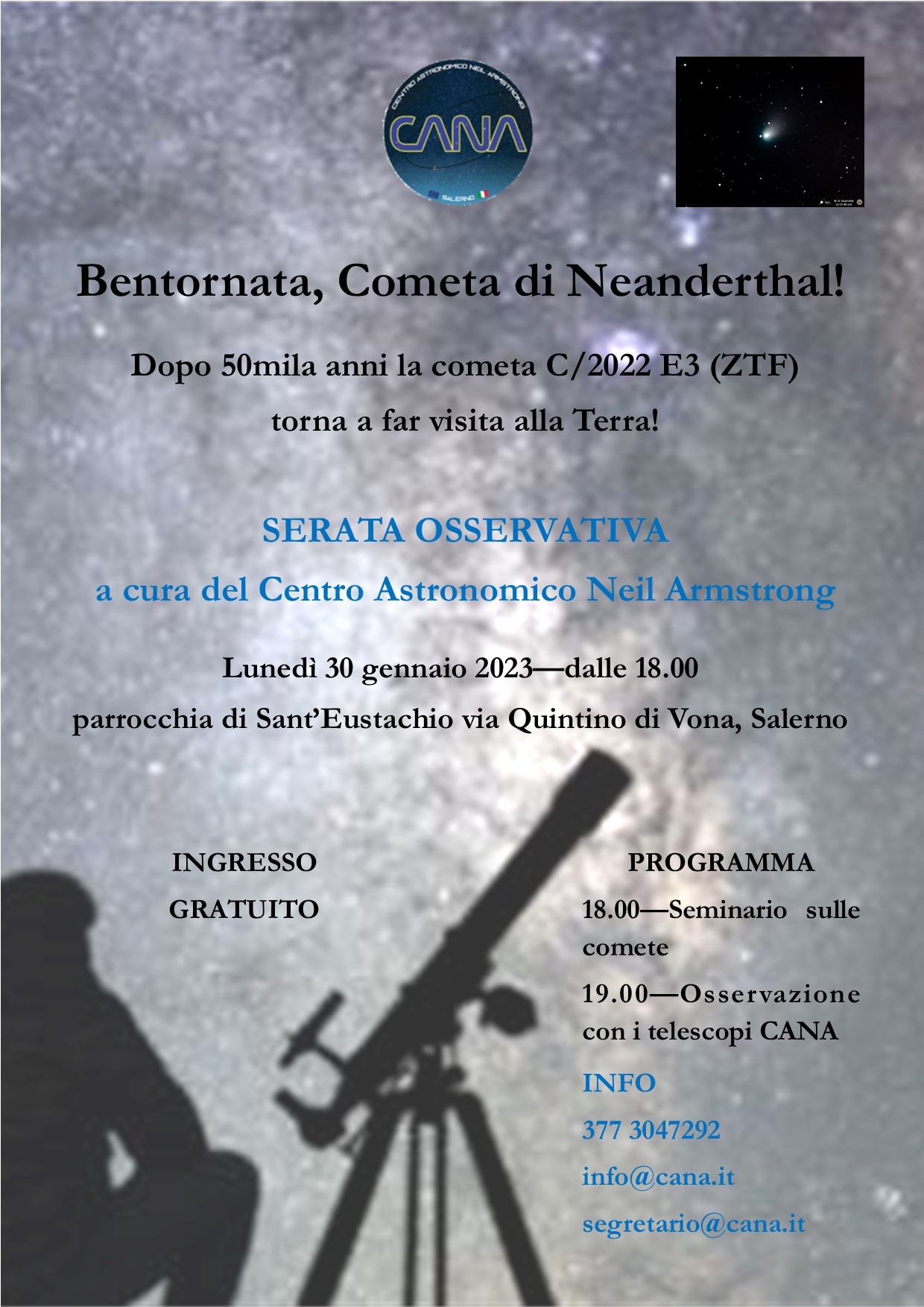 Salerno: Centro Cana, Cometa di Neanderthal “Benvenuta C/2022 E3! Pronti all’osservazione!”