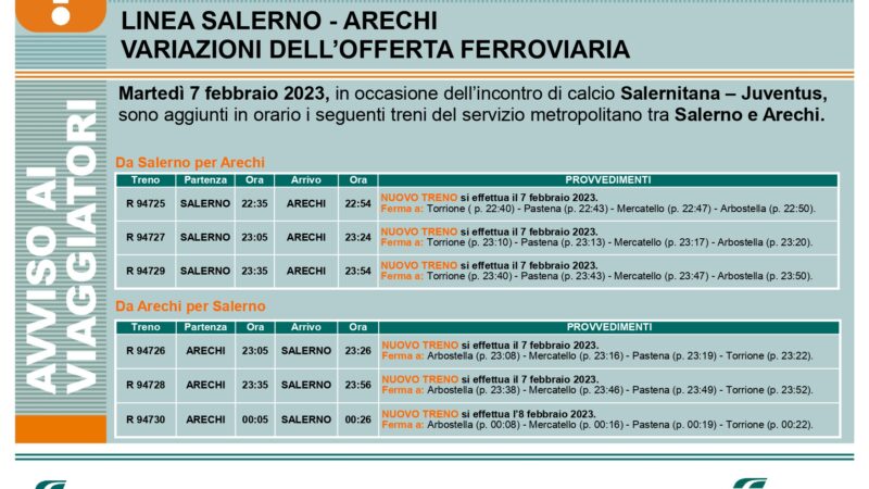 Salerno: RFI, regionale Trenitalia, corse straordinarie metropolitana post incontro Salernitana-Juventus