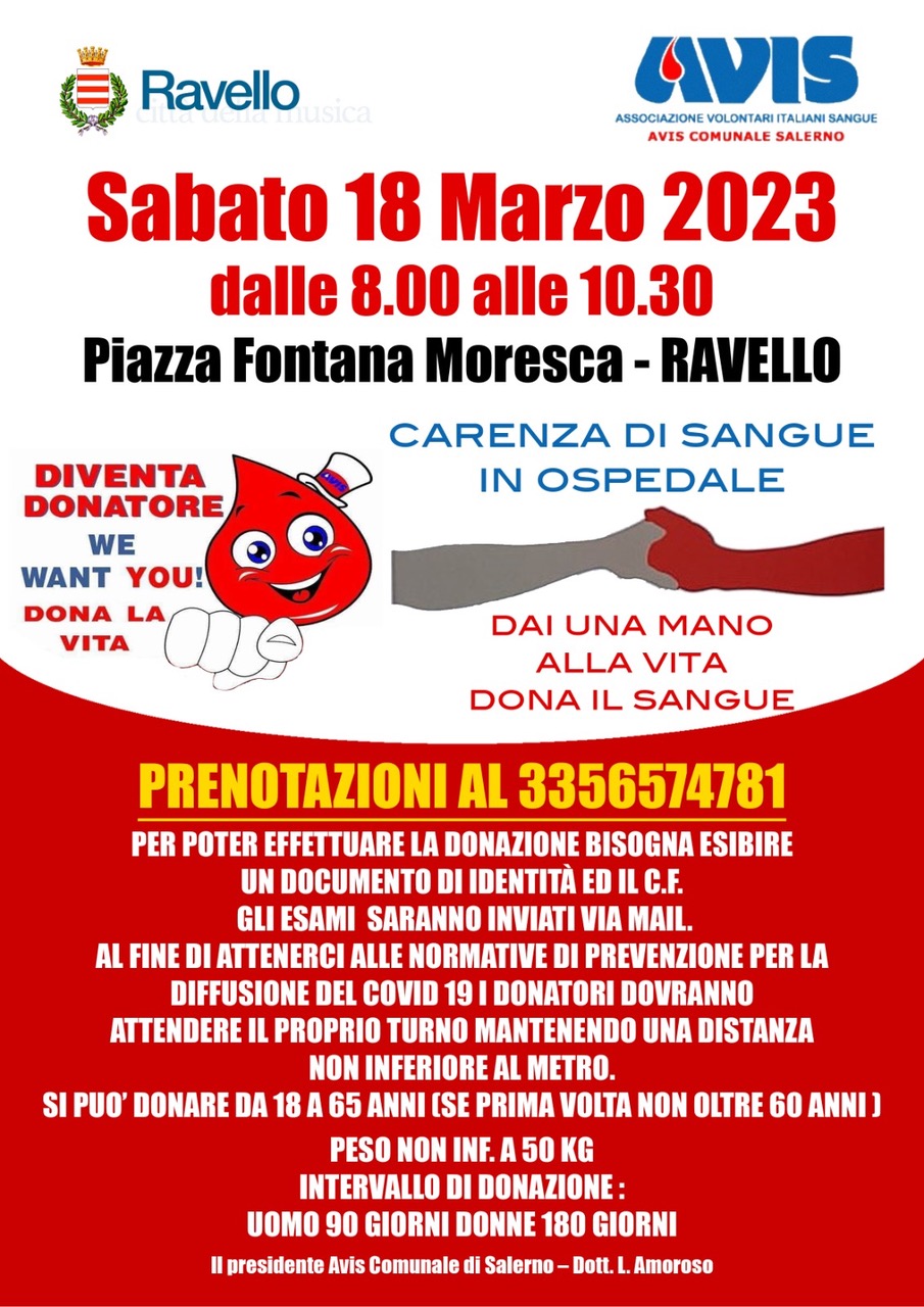 Ravello: Comune – Avis in piazza per donare sangue 
