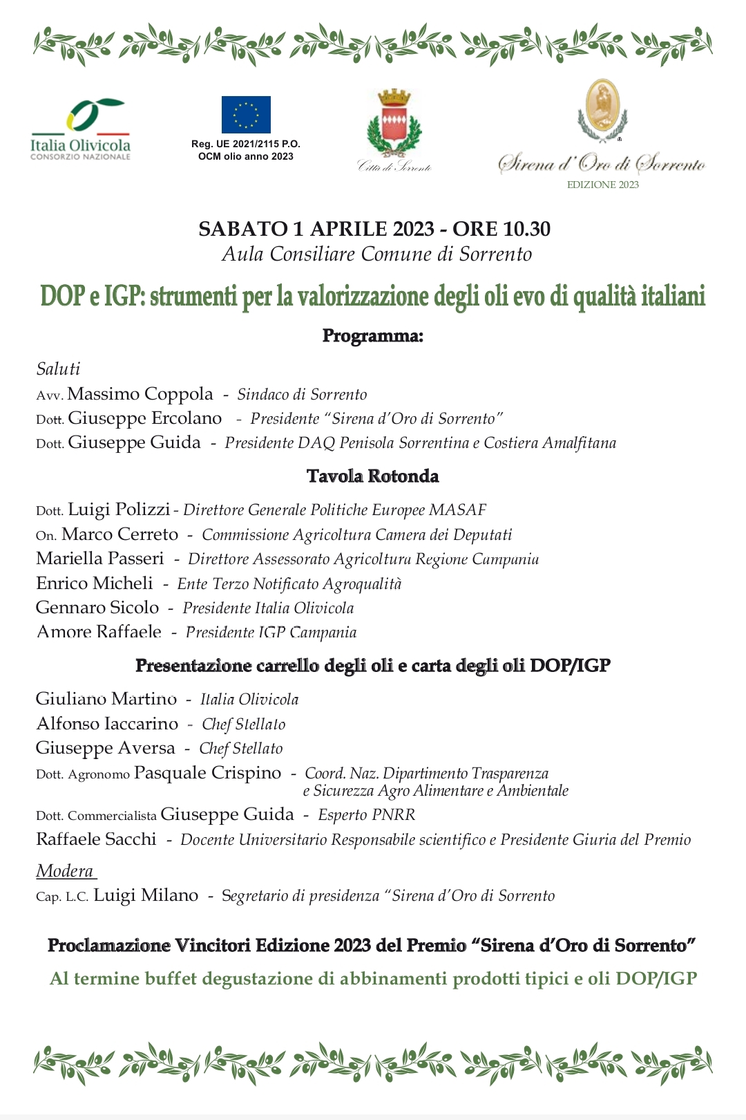 Sorrento: Premio Sirena d’Oro, Italia Olivicola – Comune  