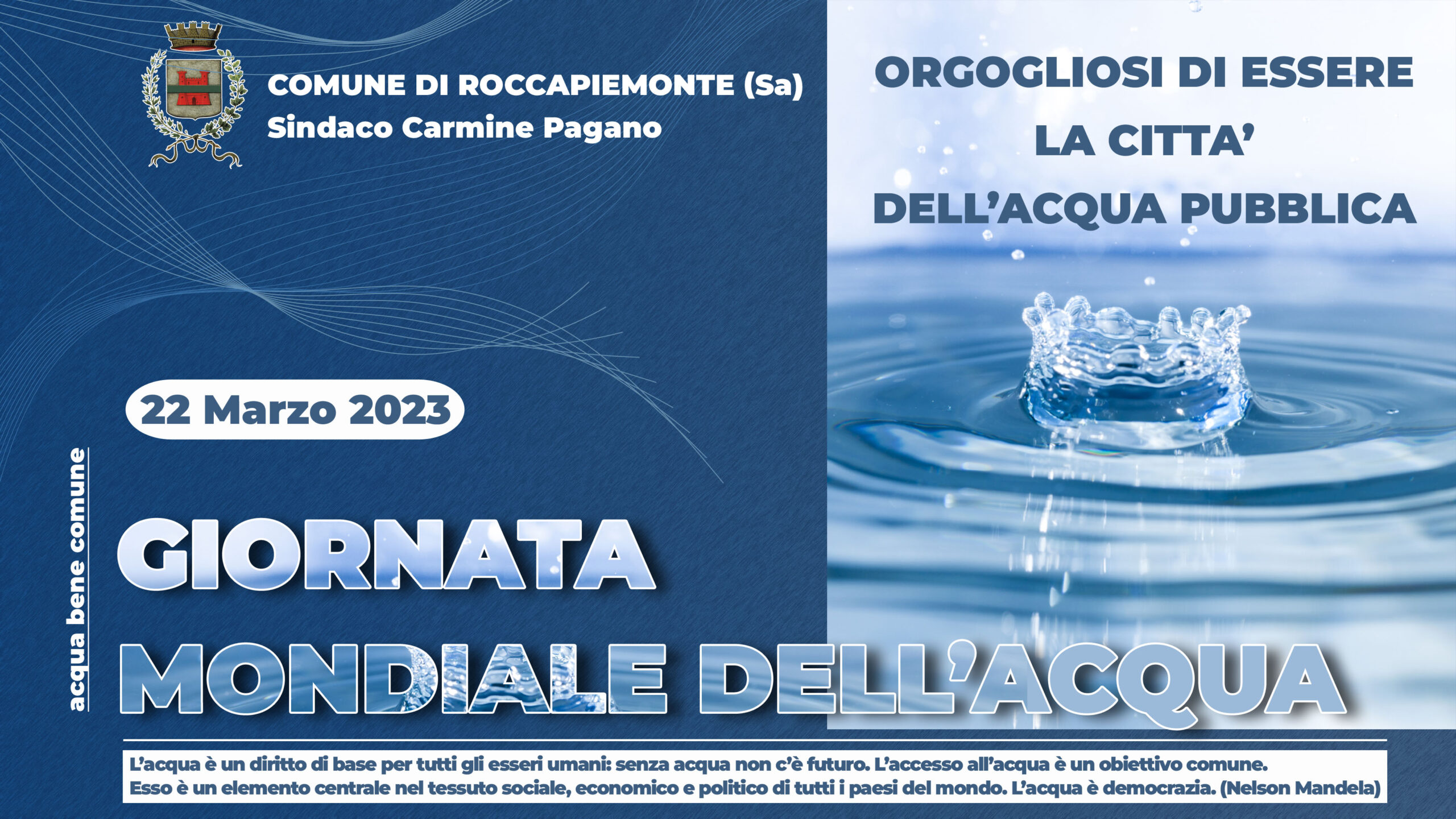 Roccapiemonte: Giornata Mondiale dell’acqua, Sindaco Pagano “Città dell’acqua pubblica”