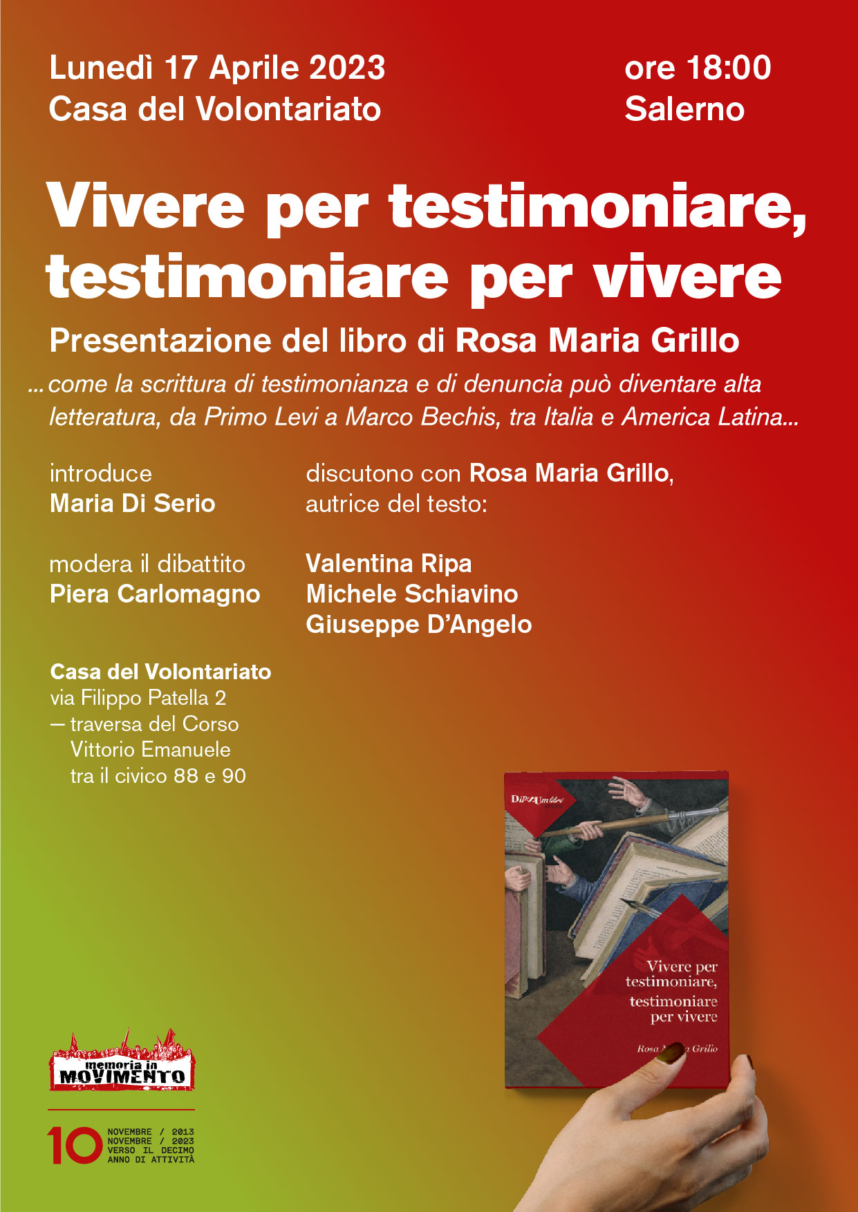 Salerno: Memoria in Movimento, presentazione libro di Rosa Maria Grillo “Vivere per testimoniare, testimoniare per vivere”