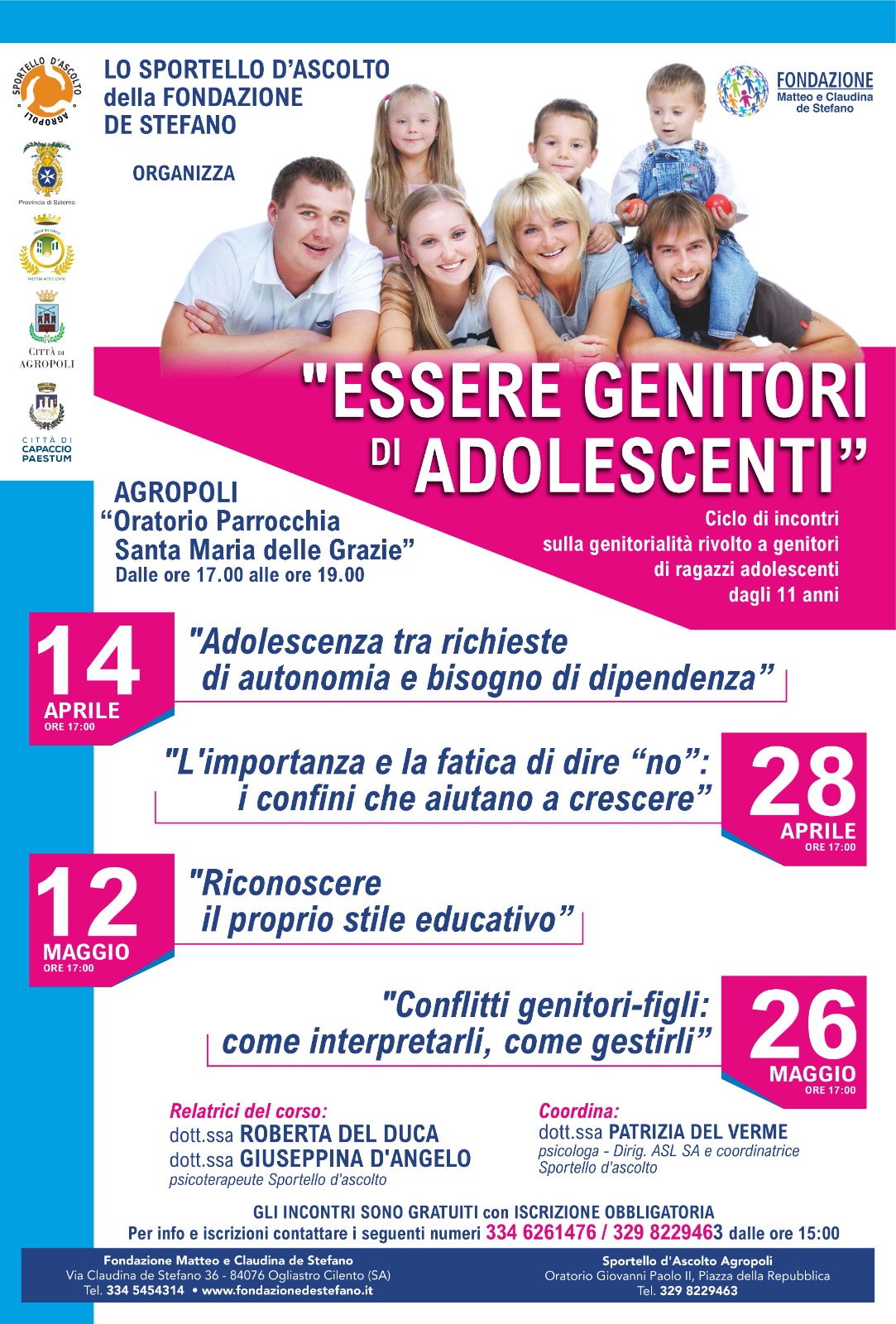 Agropoli: Fondazione Matteo e Claudina De Stefano, incontri “Essere genitori di adolescenti”