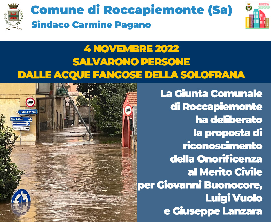 Roccapiemonte: salvataggio dal fango, onorificenza a merito civile per Giovanni Buonocore, Luigi Vuolo, Giuseppe Lanzara