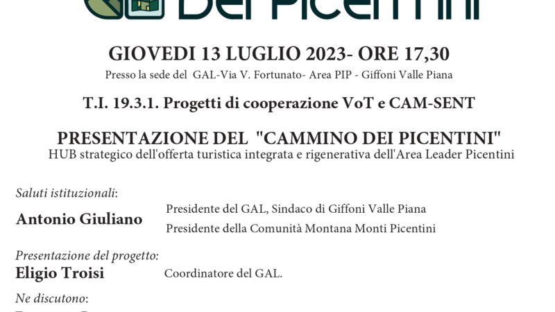 Giffoni Valle Piana: GAL, presentazione “Cammino dei Picentini” con assessore regionale Felice Casucci 